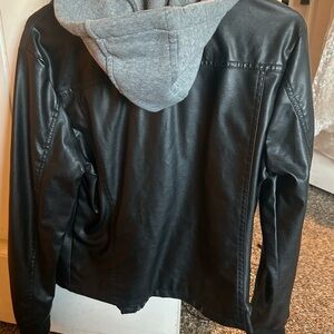 New Look Black and Gray Leather Jacket with Sporty Hood